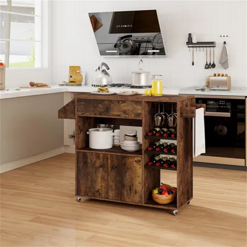 Brown Mdf Base with Wood Top Rolling Kitchen Island