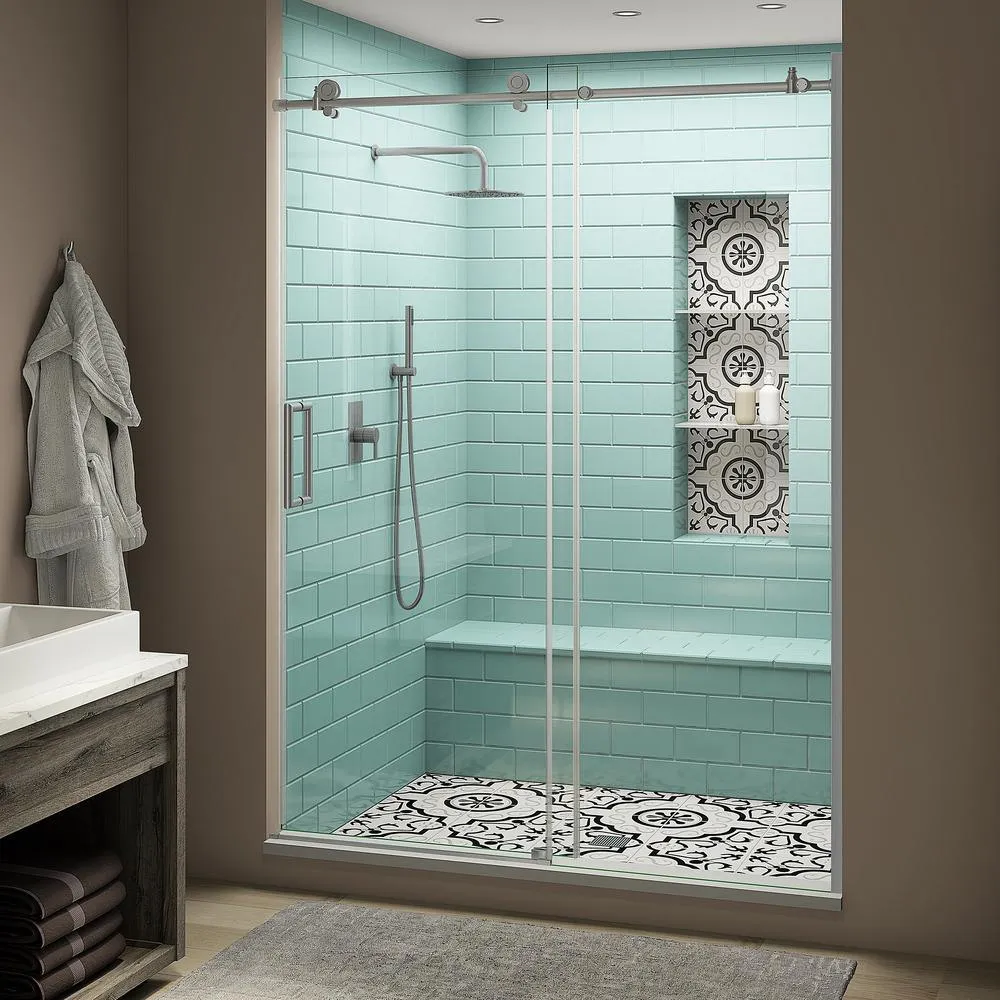 Coraline XL 60 - 64 in. x 80 in. Frameless Sliding Shower Door with Ultra-Bright Frosted Glass in Matte Black, photo 21 of 21