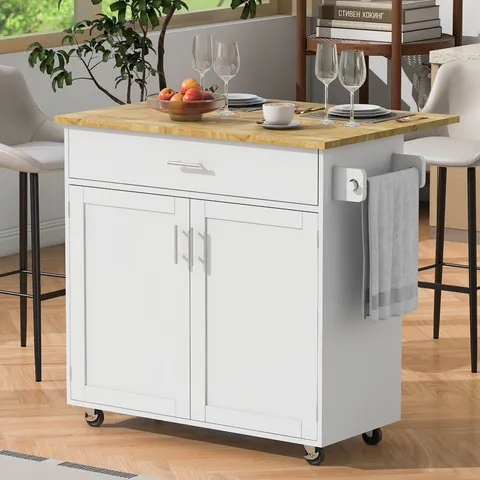 White Mdf Base with Wood Top Rolling Kitchen Island