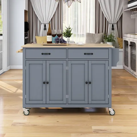 Gray Mdf Base with Wood Top Rolling Kitchen Island