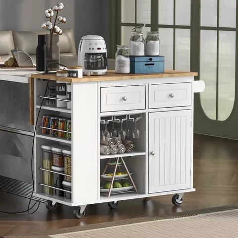 White Mdf Base with Wood Top Rolling Kitchen Island