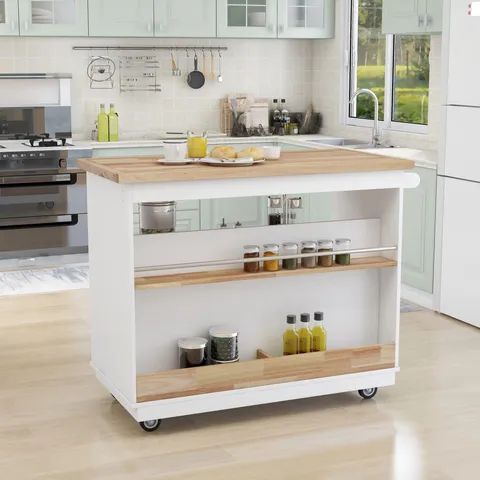 White Mdf Base with Wood Top Rolling Kitchen Island