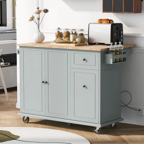 Gray Mdf Base with Wood Top Rolling Kitchen Island