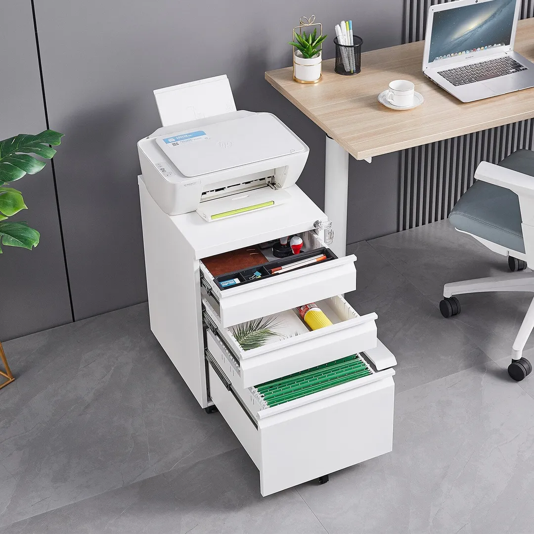 Mondawe Modern 3-Drawer Vertical File Cabinet, 17.32  14.57  23.63in Metal Filing Cabinet with Lock, White, photo 3 of 14