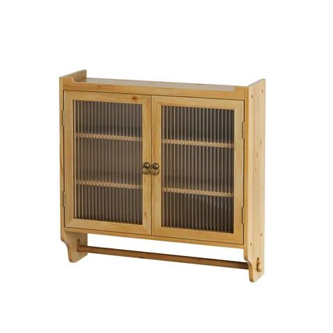 24.8''Glass Door Vintage Double Door Wall Cabinet Contemporary/Modern Natural Wood Kitchen Hutch