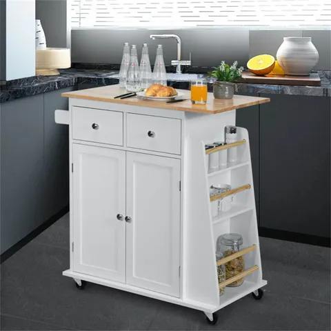 White Mdf Base with Wood Top Rolling Kitchen Island