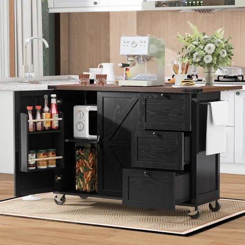 Black Mdf Base with Mdf Top Rolling Kitchen Cart