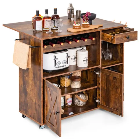 Brown Composite Base with Wood Top Rolling Kitchen Island