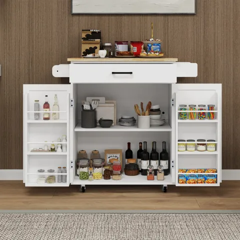 White Mdf Base with Wood Top Rolling Kitchen Island