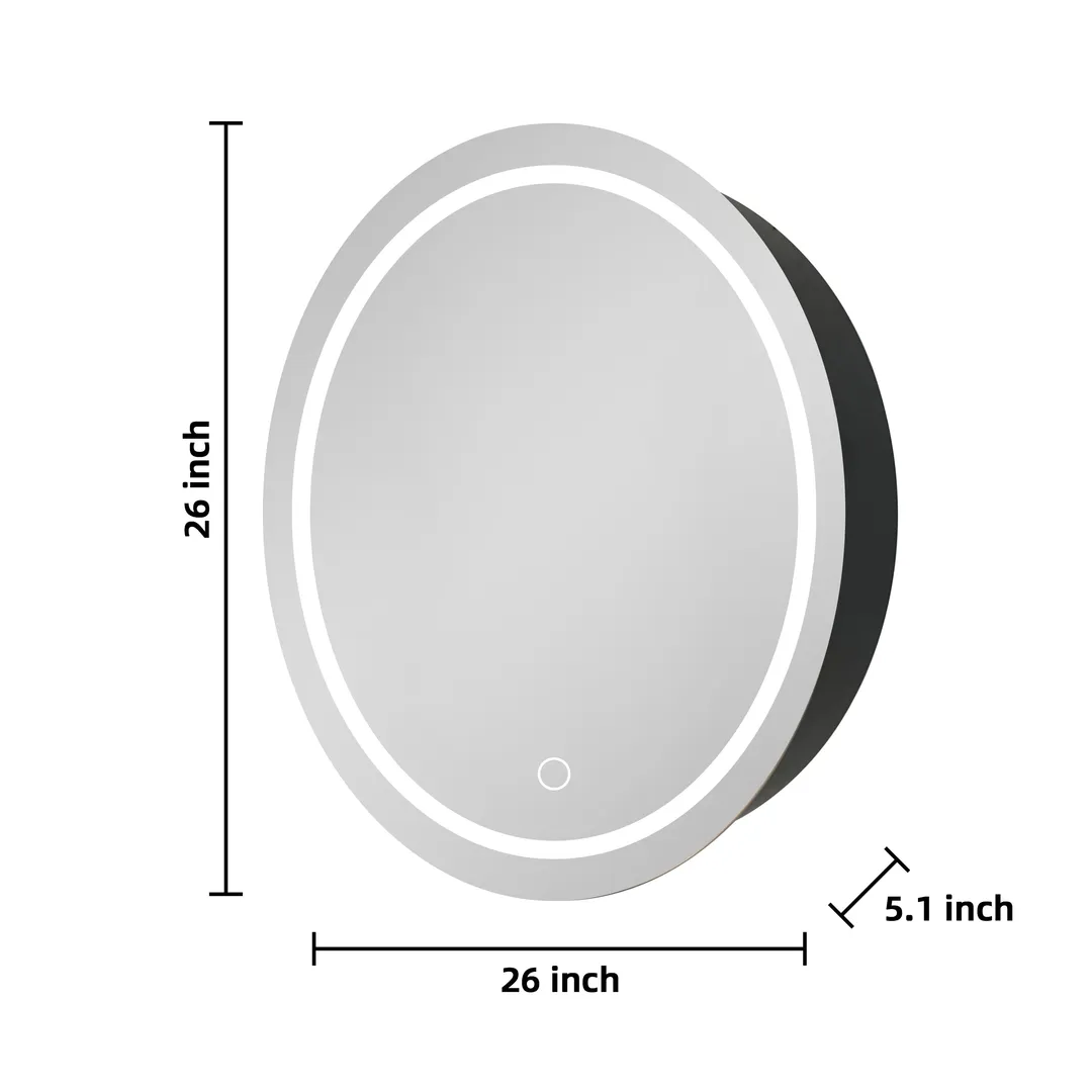 AAZJ AO 25-in x 26-in Lighted LED Fog Free Surface Mount Silver and Black Mirrored Round Medicine Cabinet, photo 7 of 9