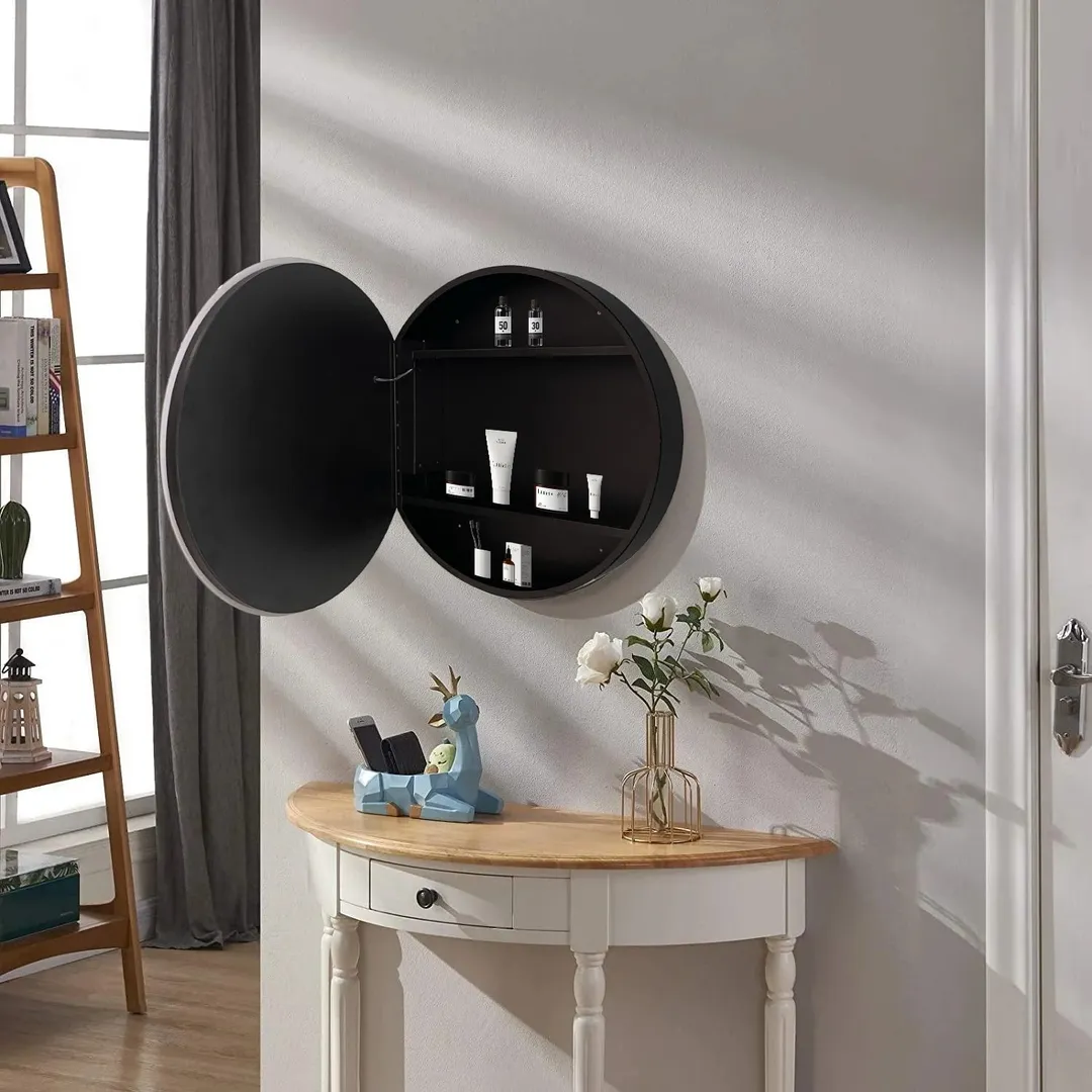 AAZJ AO 25-in x 26-in Lighted LED Fog Free Surface Mount Silver and Black Mirrored Round Medicine Cabinet, photo 3 of 9