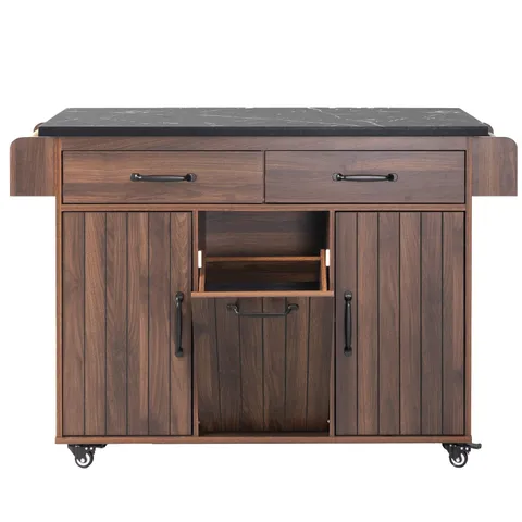 Brown Mdf Base with Mdf Wood Top Rolling Kitchen Cart