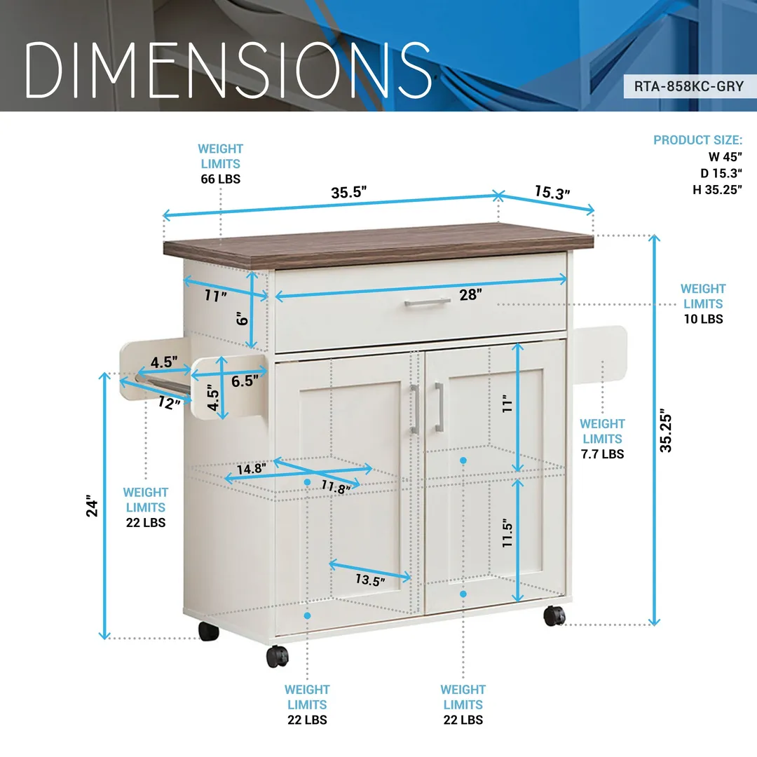 CESICIA White Wood Base with Wood Top Rolling Kitchen Island (15.3-in x 45-in x 35.25-in), photo 4 of 9