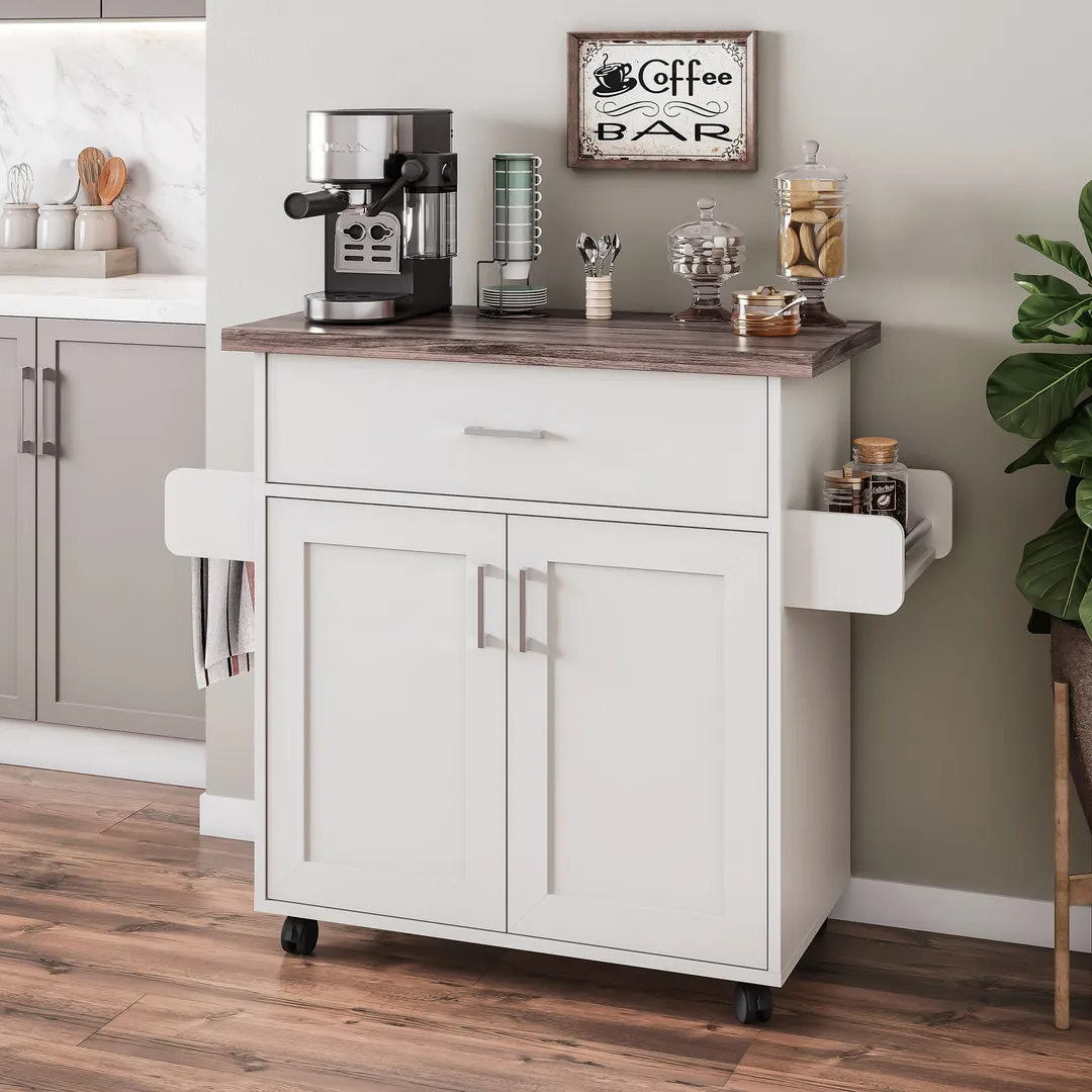 CESICIA White Wood Base with Wood Top Rolling Kitchen Island (15.3-in x 45-in x 35.25-in), photo 8 of 9