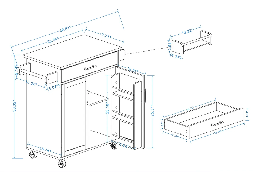 CESICIA White Mdf Base with Mdf Wood Top Rolling Kitchen Island (17.72-in x 28.74-in x 36.22-in), photo 3 of 15