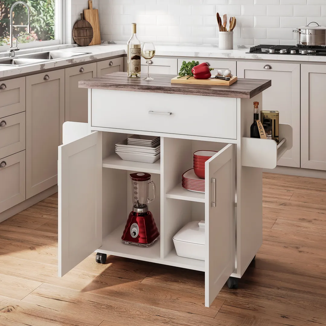 CESICIA White Wood Base with Wood Top Rolling Kitchen Island (15.3-in x 45-in x 35.25-in), photo 7 of 9