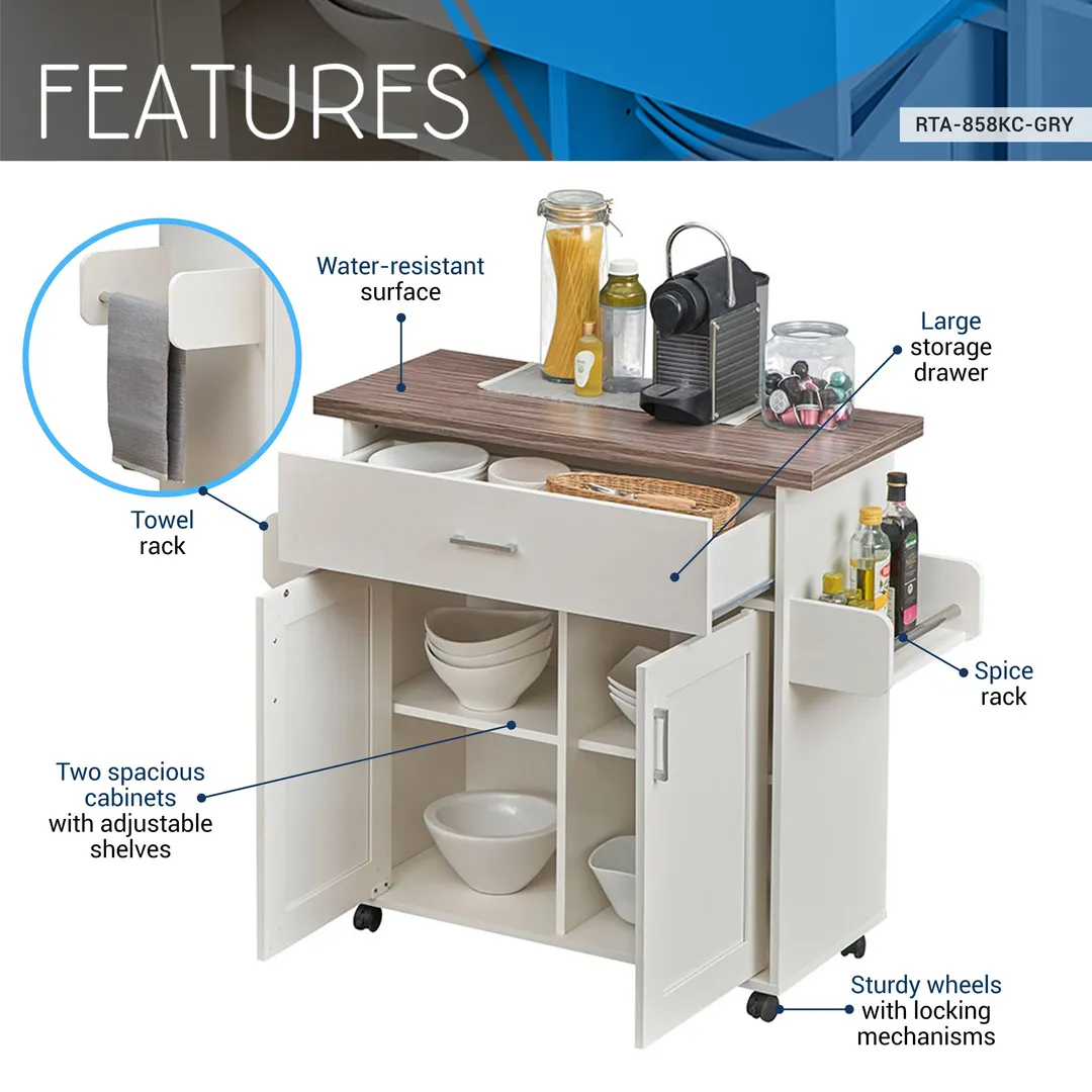 CESICIA White Wood Base with Wood Top Rolling Kitchen Island (15.3-in x 45-in x 35.25-in), photo 5 of 9