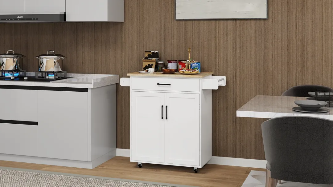 CESICIA White Mdf Base with Mdf Wood Top Rolling Kitchen Island (17.72-in x 28.74-in x 36.22-in), photo 14 of 15
