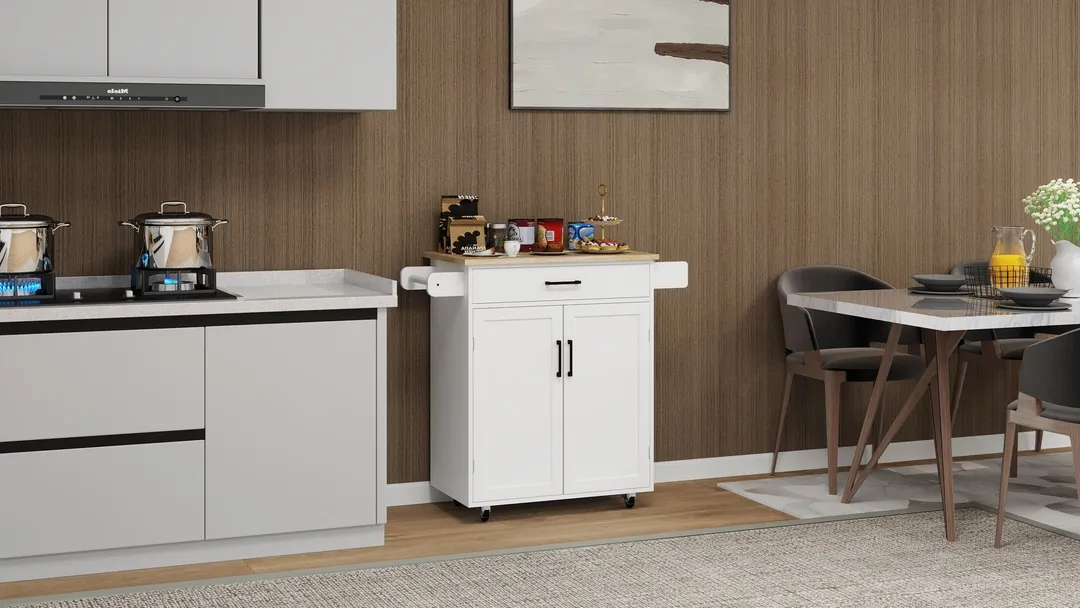 CESICIA White Mdf Base with Mdf Wood Top Rolling Kitchen Island (17.72-in x 28.74-in x 36.22-in), photo 15 of 15