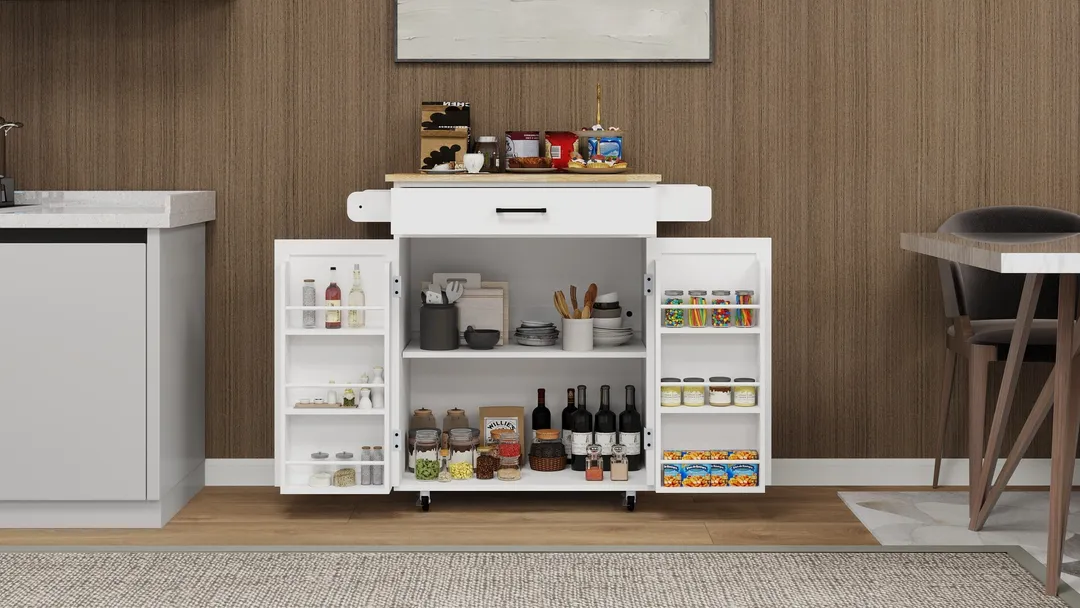 CESICIA White Mdf Base with Mdf Wood Top Rolling Kitchen Island (17.72-in x 28.74-in x 36.22-in), photo 12 of 15