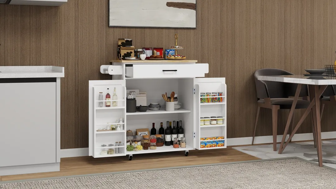 CESICIA White Mdf Base with Mdf Wood Top Rolling Kitchen Island (17.72-in x 28.74-in x 36.22-in), photo 11 of 15
