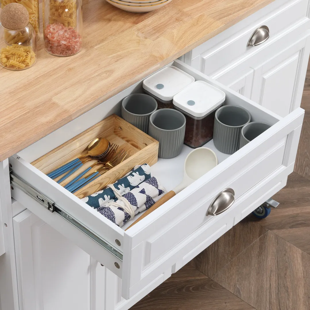CESICIA White Wood Base with Wood Top Rolling Kitchen Island (29.25-in x 57.5-in x 36.75-in), photo 5 of 9