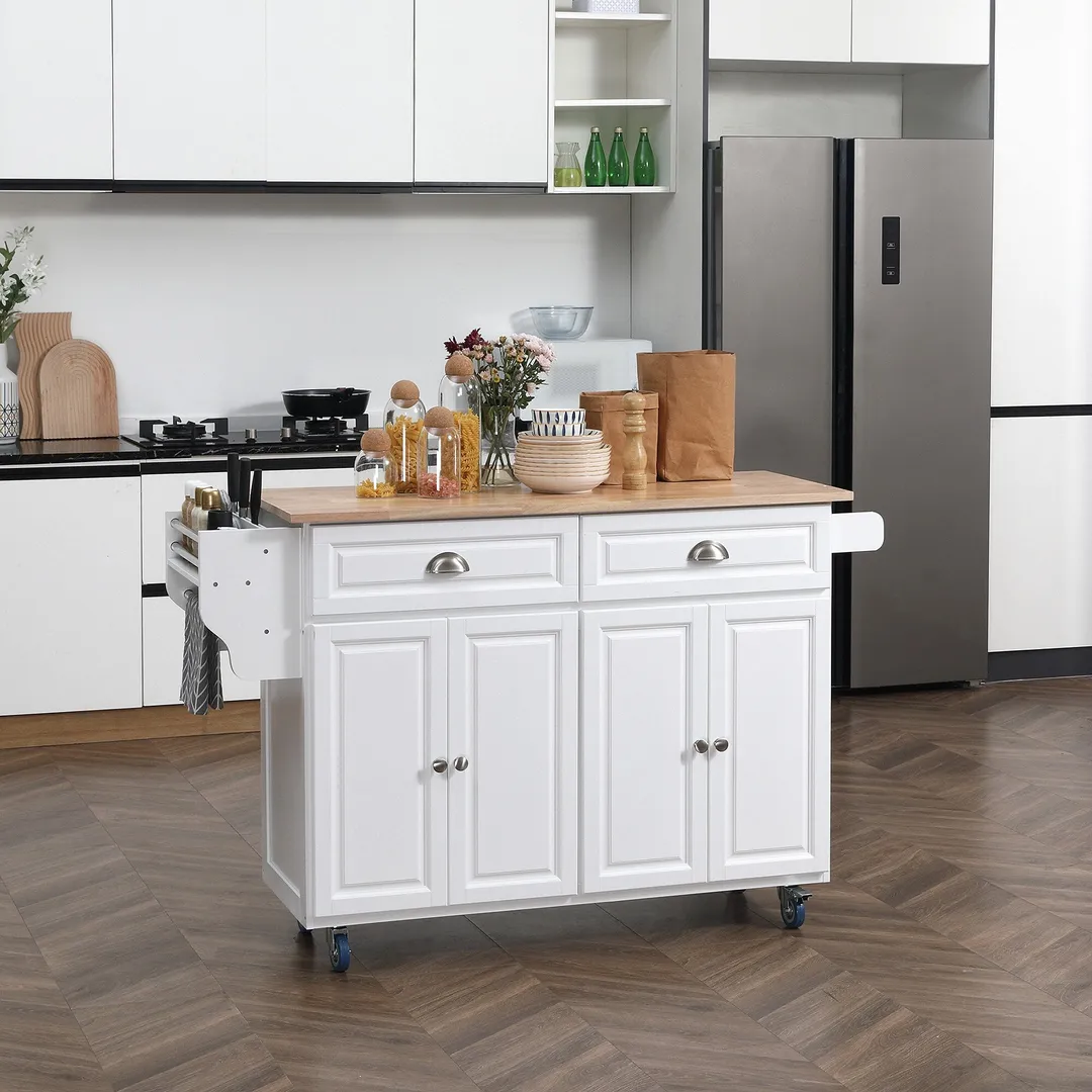 CESICIA White Wood Base with Wood Top Rolling Kitchen Island (29.25-in x 57.5-in x 36.75-in), photo 3 of 9