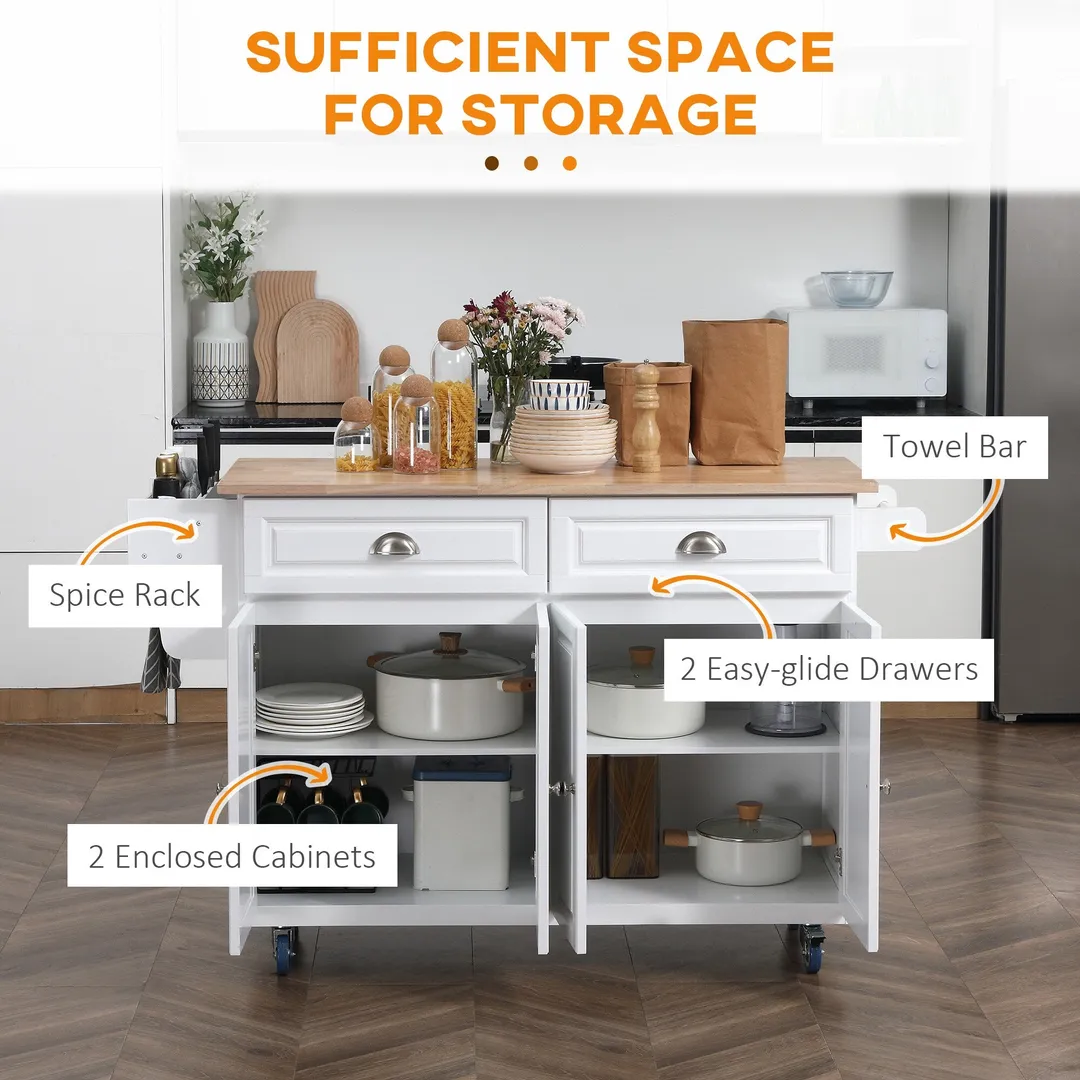 CESICIA White Wood Base with Wood Top Rolling Kitchen Island (29.25-in x 57.5-in x 36.75-in), photo 4 of 9