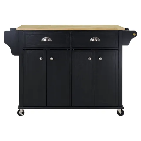 Black Wood Base with Wood Top Rolling Kitchen Island
