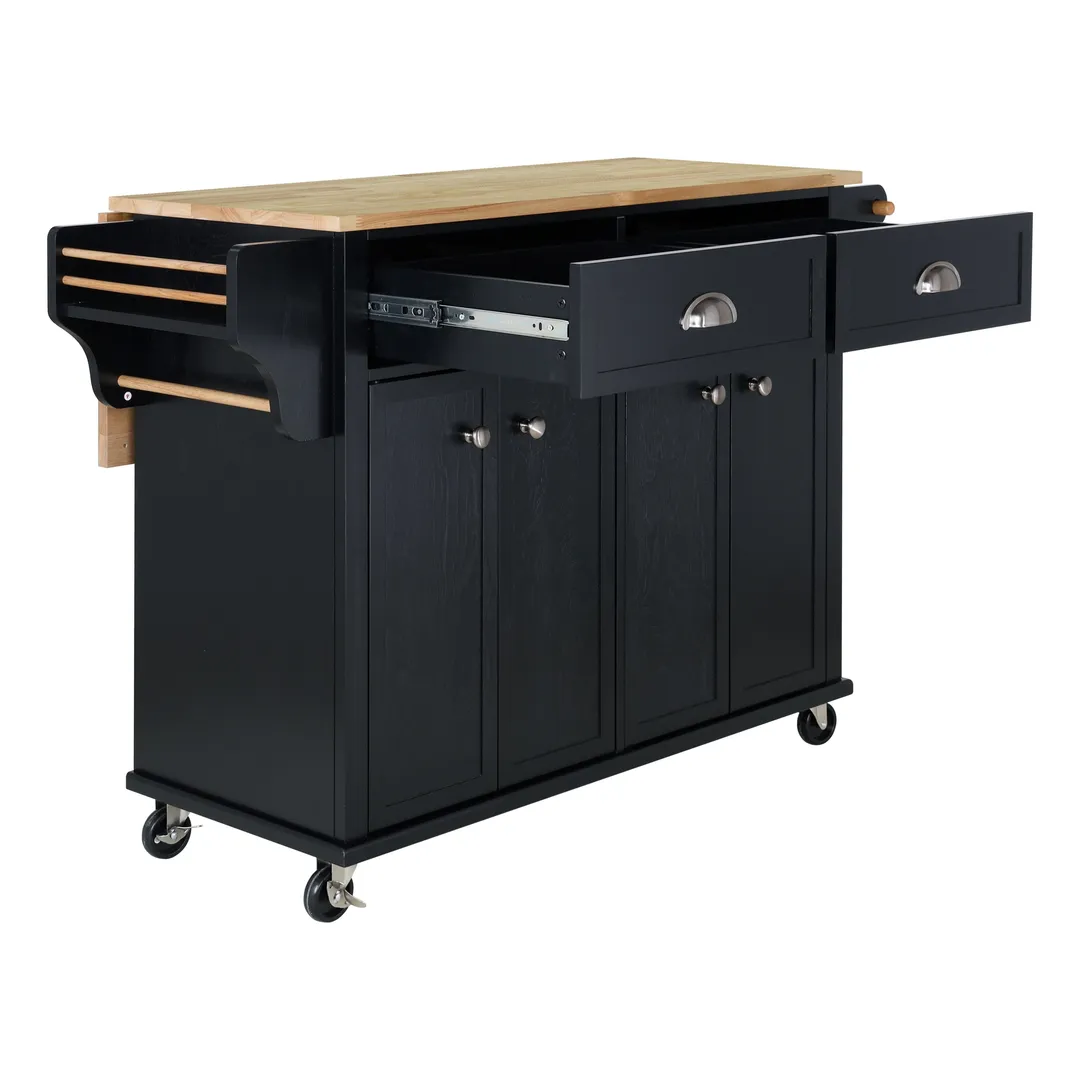 CESICIA Black Wood Base with Wood Top Rolling Kitchen Island (32-in x 52-in x 36-in), photo 2 of 11