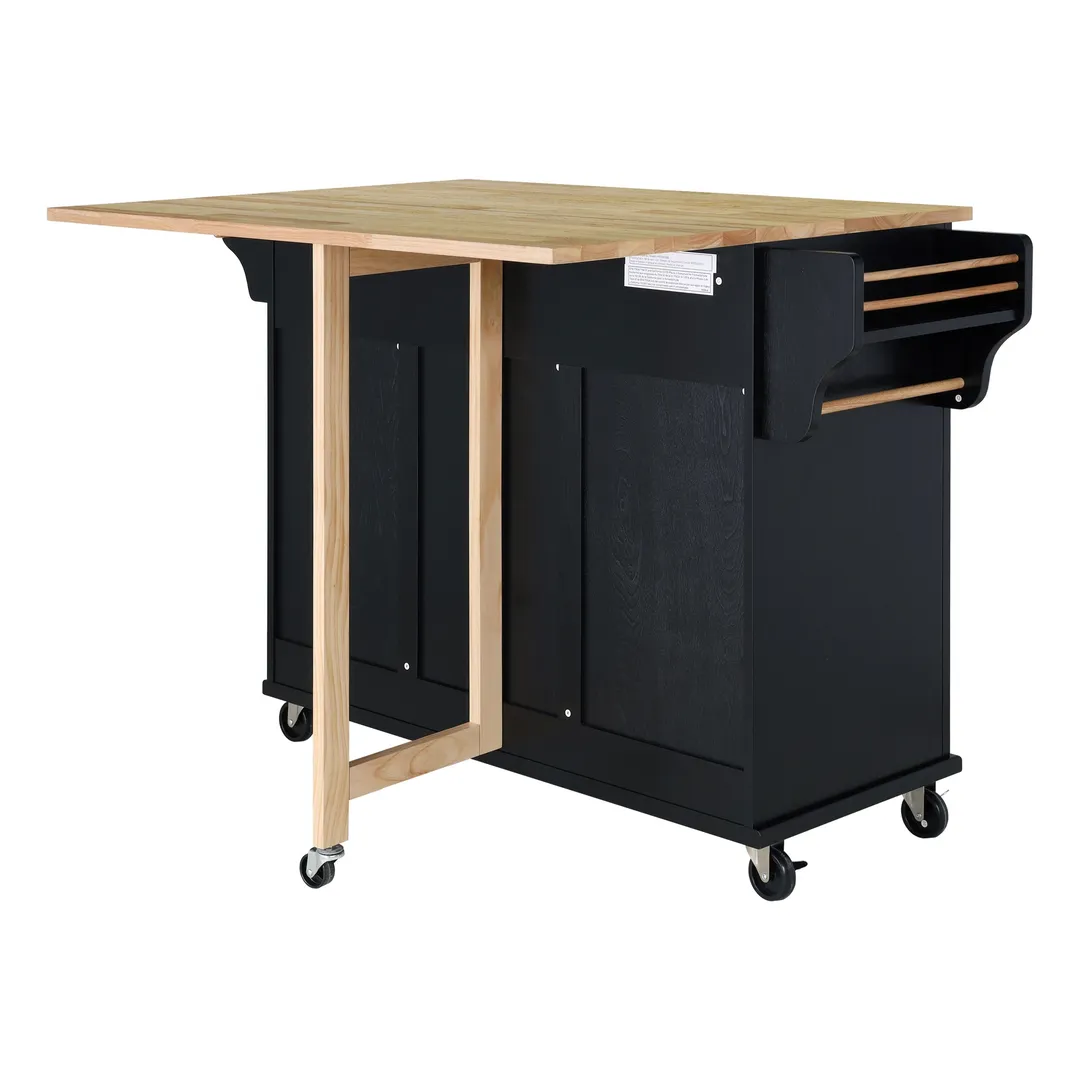 CESICIA Black Wood Base with Wood Top Rolling Kitchen Island (32-in x 52-in x 36-in), photo 6 of 11