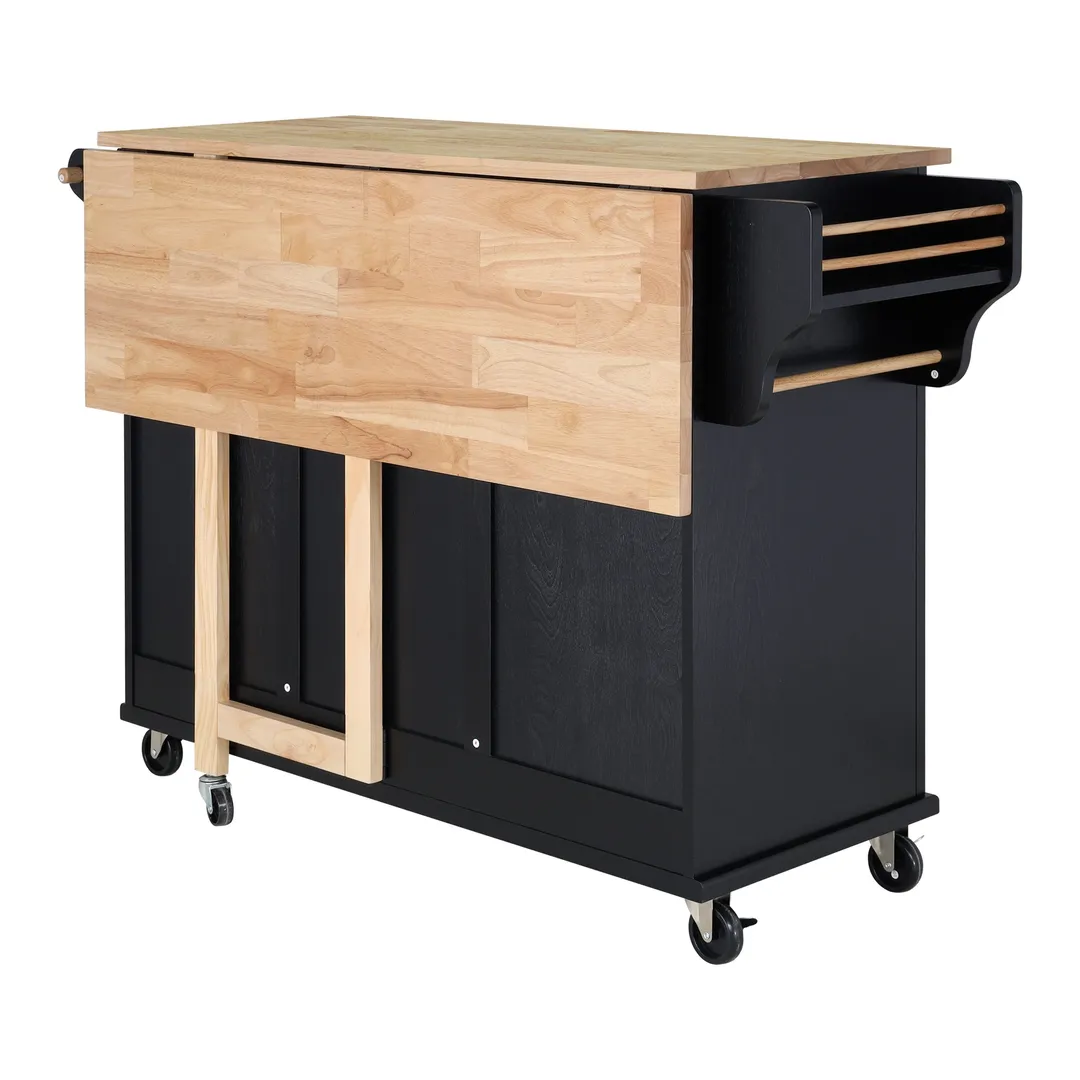 CESICIA Black Wood Base with Wood Top Rolling Kitchen Island (32-in x 52-in x 36-in), photo 5 of 11