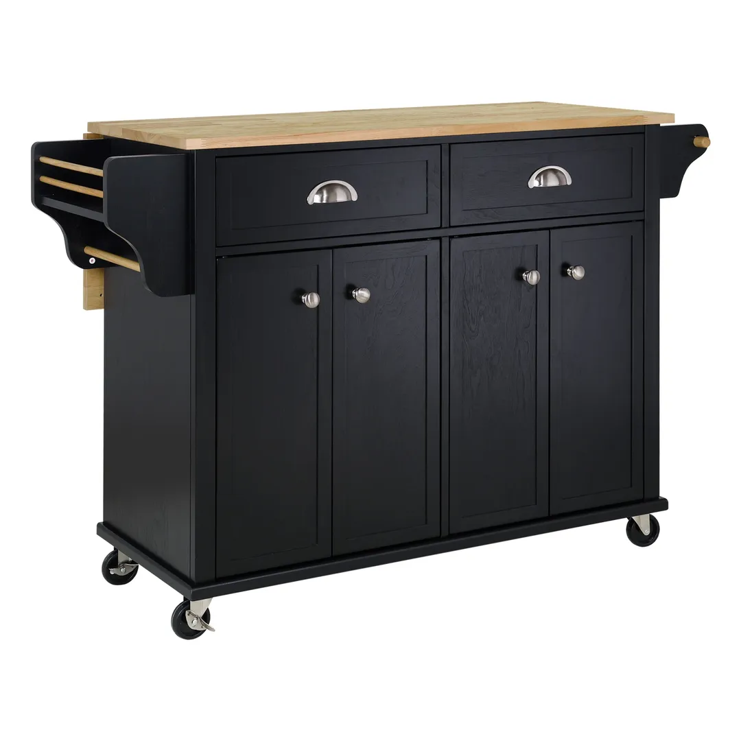 CESICIA Black Wood Base with Wood Top Rolling Kitchen Island (32-in x 52-in x 36-in), photo 3 of 11