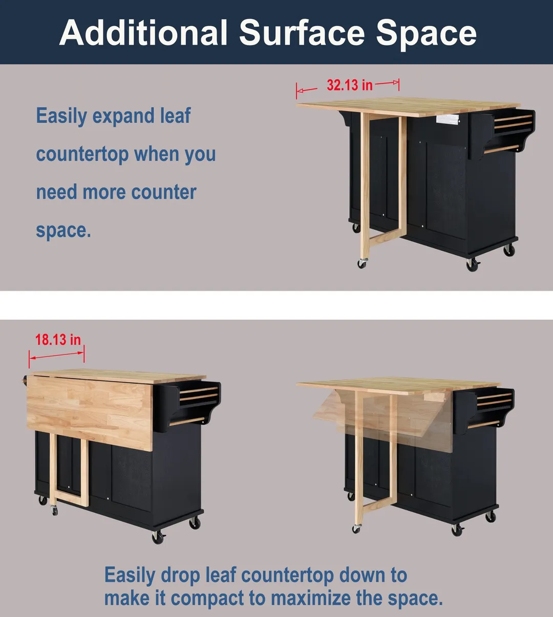 CESICIA Black Wood Base with Wood Top Rolling Kitchen Island (32-in x 52-in x 36-in), photo 9 of 11
