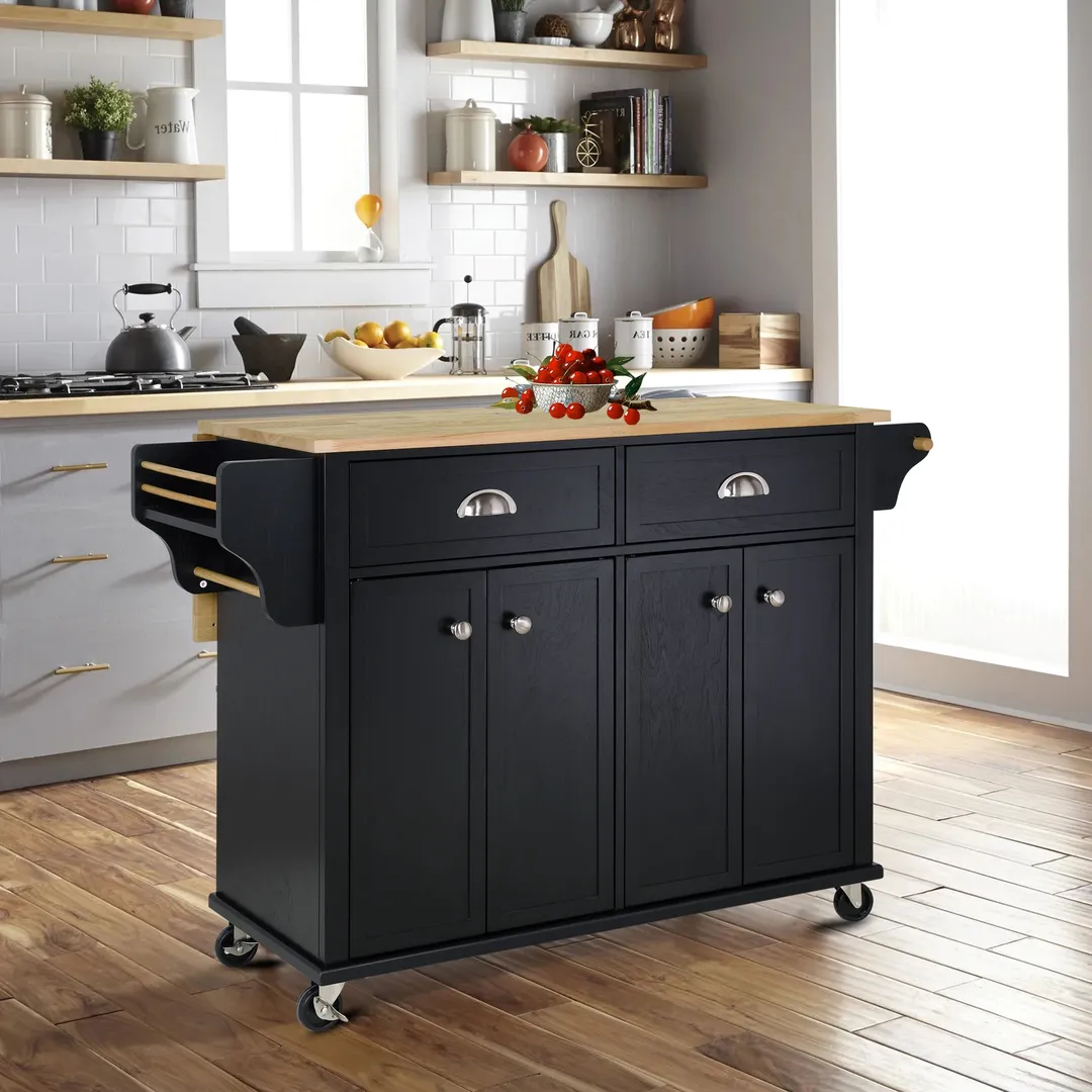 CESICIA Black Wood Base with Wood Top Rolling Kitchen Island (32-in x 52-in x 36-in), photo 10 of 11