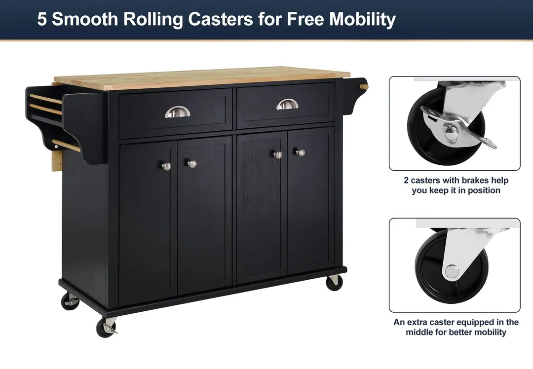 CESICIA Black Wood Base with Wood Top Rolling Kitchen Island (32-in x 52-in x 36-in), photo 8 of 11