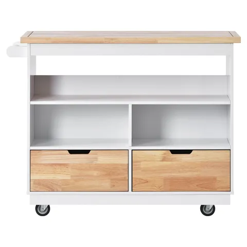 White Mdf Base with Wood Top Rolling Kitchen Cart