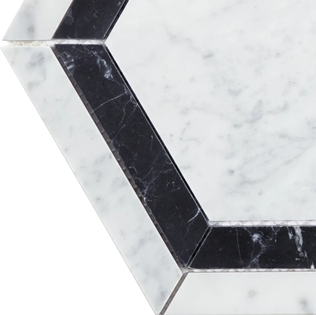 Satori 8-in x 8-in Polished Natural Marble Hexagon Floor and Wall Tile, Bianco Carrara White/Nero Marquina (4.8-sq ft/Carton), photo 5 of 7