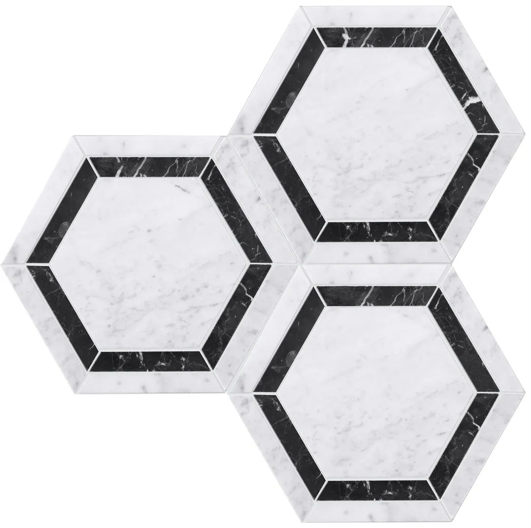 Satori 8-in x 8-in Polished Natural Marble Hexagon Floor and Wall Tile, Bianco Carrara White/Nero Marquina (4.8-sq ft/Carton), photo 3 of 7