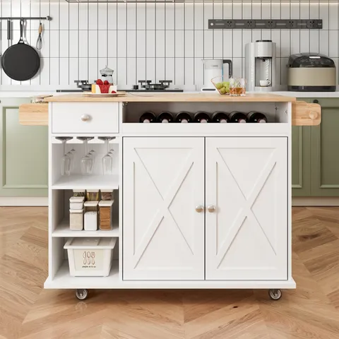 White Mdf Base with Wood Top Rolling Kitchen Island