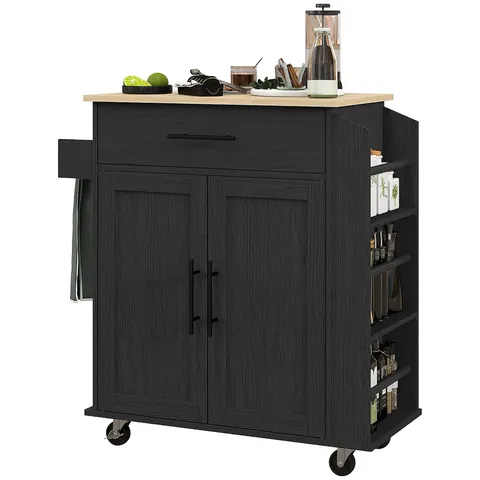 Black Mdf Base with Mdf Wood Top Rolling Kitchen Island