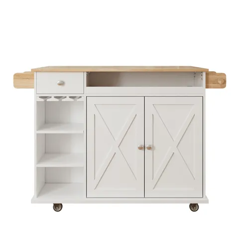 White Mdf Base with Mdf Wood Top Rolling Kitchen Cart