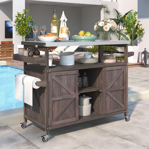 Brown Wood Base with Stainless Steel Metal Top Rolling Kitchen Island