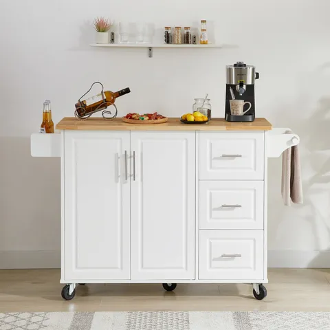 White Mdf Base with Wood Top Rolling Kitchen Island
