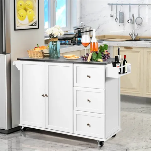 White Mdf Base with Stainless Steel Metal Top Rolling Kitchen Island