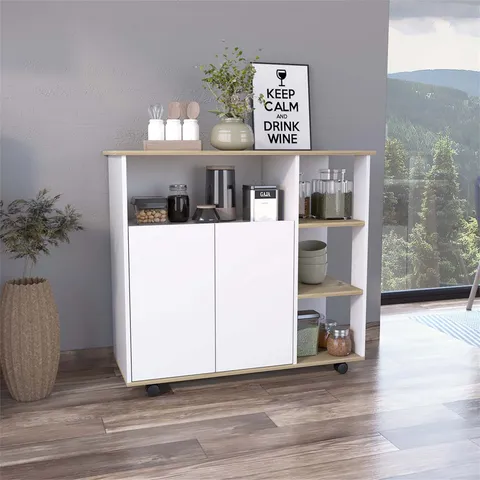 White Composite Base with Wood Top Rolling Kitchen Island