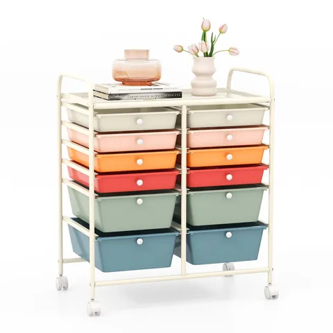 White Metal Base with Plastic Top Rolling Kitchen Cart