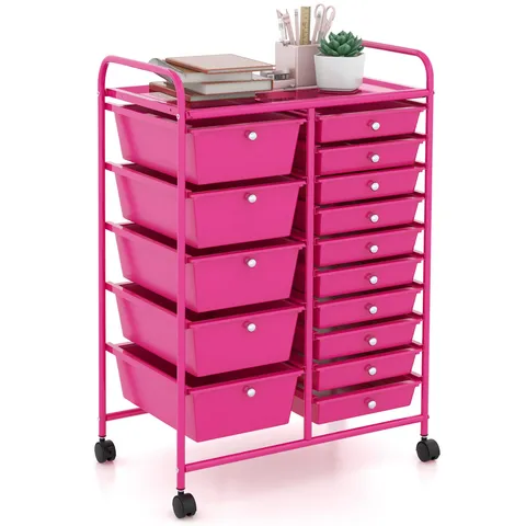 Red Metal Base with Plastic Top Rolling Kitchen Cart