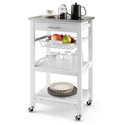 White Metal Base with Mdf Wood Top Rolling Kitchen Cart