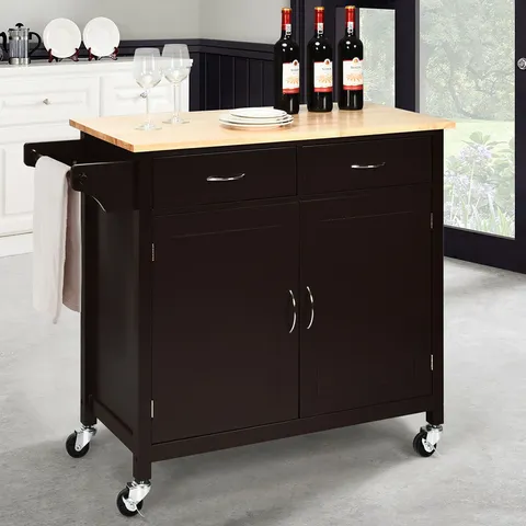 Black Wood Base with Wood Top Rolling Kitchen Cart